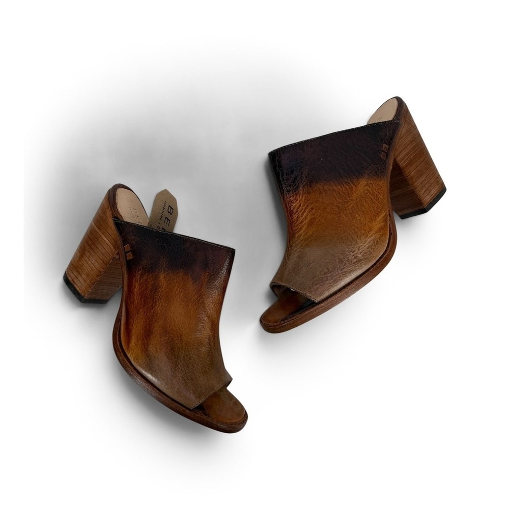 Bed Stu Clavel Mule Heels Womens 9 Cafe Latte Leather Peep Toe Block Slip On